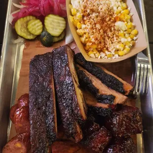 Ribs, brisket, pork belly, jalapeños sausage and elote