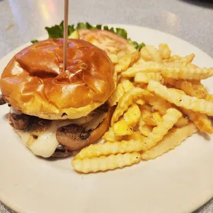 Mushroom Swiss beyond burger with fries