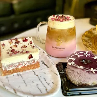Rose Delah Latte , Milk Cake , Blueberry Peach Cake