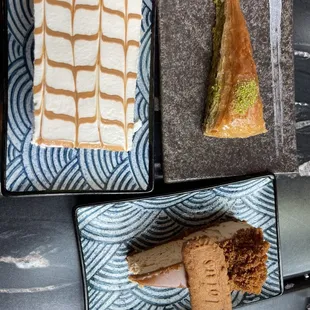 Lotus cheesecake, milk cake, and baklava