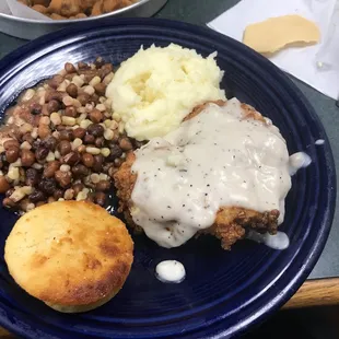 Chicken fried chicken and crowder beans n corn!