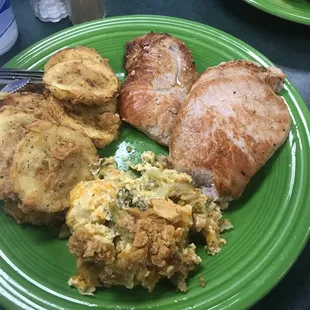 Grilled Pork Chops, Broccoli Casserole and better than mamas Fried Squash!