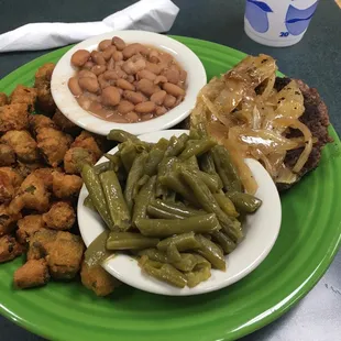 Ground Steak with okra and pintos and green beans!