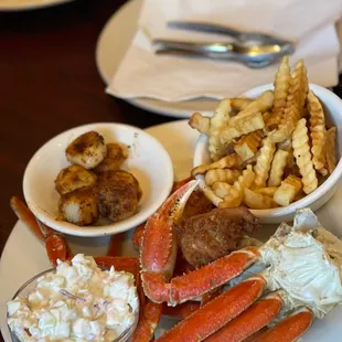 Crab Legs with scallops, Cole slaw, Hushpuppies, and Fries