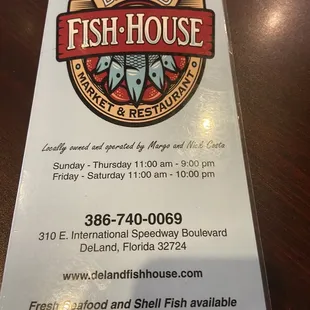 Menu cover and contact info