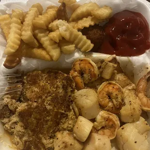 Salmon Pattie's, shrimp, scallops