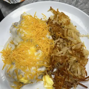 Biscuits with cheese, gravy and hashbrowns