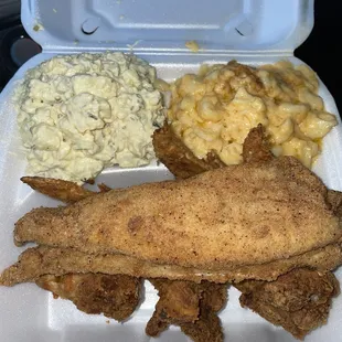 Whiting and wings with potato salad and Mac &amp; cheese.