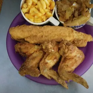 3 wings/2piece whiting with macaroni and cheese and cabbage.