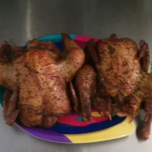 Whole grilled chickens