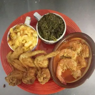 3 wings/1/2 dozen shrimp spicy in wine,butter,garlic sauce with macaroni and cheese and greens platter