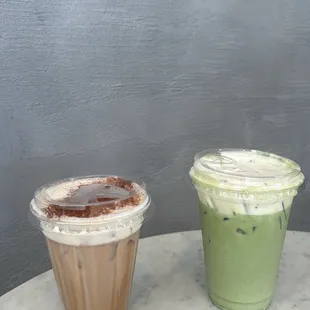(Right- pistachio matcha w cheesecake cold foam)