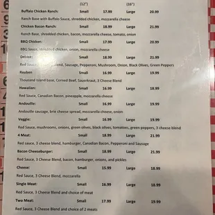 Pizza menu