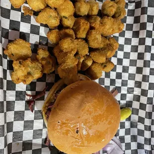 Chopped brisket sandwich and okra