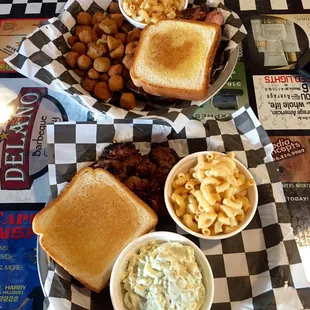 ribs and burnt ends w/ fried okra, mac &amp; cheese, and potato salad