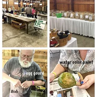 Inside the first building where artisans display their craft. Lower right: wife displays her handiwork.