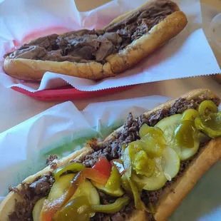 12" hot beef and 12" cheese steak wit wiz, pickles, hot peppers and sweet peppers