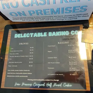 Menu of drinks and bakery