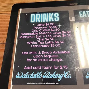 Drink menu