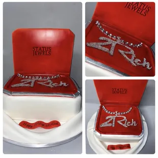 a cake with a red velvet box and a necklace