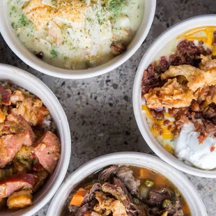 Seasonal bowls: Pot Pie, Creole, cheddar Broccoli, Da Beef