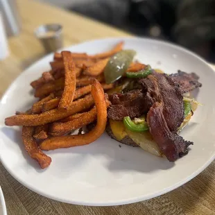 Burger with sweet potato fries no bun
