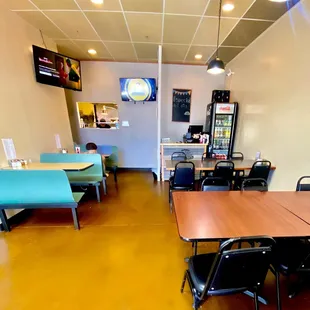 Family, single or couple oriented dine-in area. Different tvs are viewable from all tables! Kids shows, movies, news, sports etc.