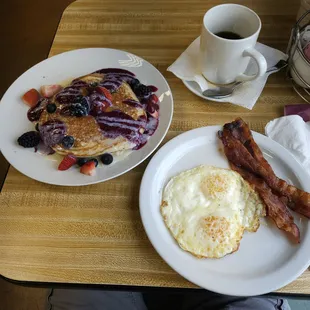 Bacon, eggs and the fruit topped pancakes.