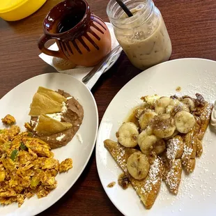 Mexican scramble and Bananas foster pecan French toast. Cafe de Olla Mexican coffee and Abuelita Iced latte.