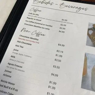 Coffee and drink menu