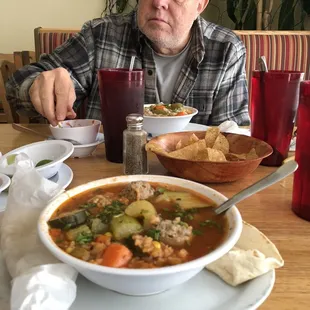 Yummy Albondiga Soup with some rice and cilantro. It&apos;s one of my favorites.