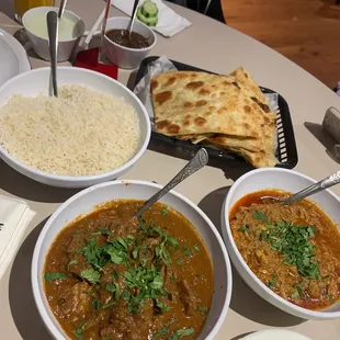 Goat Korma, Chicken Masala, paratha, plain rice, mango lassi