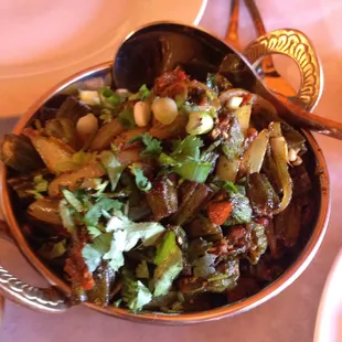 Bhindi masala (okra dish) is so flavorful and is cooked wonderfully