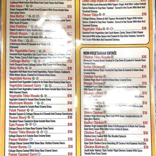 Vegetarian Entree on the left side and Non-Veg Entree on the right hand side of the menu