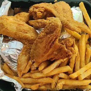 Cheesesteak Sub, 3 Wings and Fries.