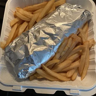french fries in a styrofoam container