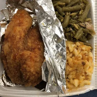 $5 fried tilapia with Mac &amp; cheese and string beans