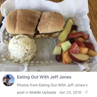 Philly steak , fruit and potato salad
