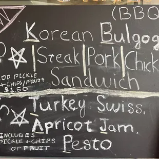 Korean BBQ STEAK, PORK, or CHICKEN SANDWICH    TURKEY, APRICOT JAM, and PESTO SANDWICH
