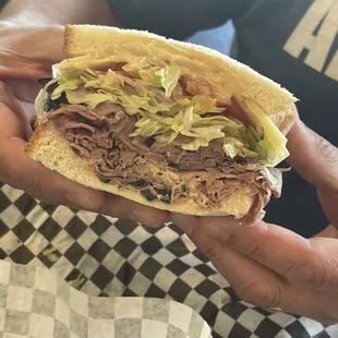 Roast beef and Swiss with all the fixins