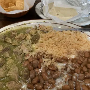 Chili Verde, rice, whole beans, and homemade corn tortillas