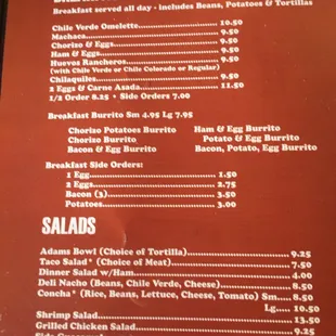 the menu for breakfast