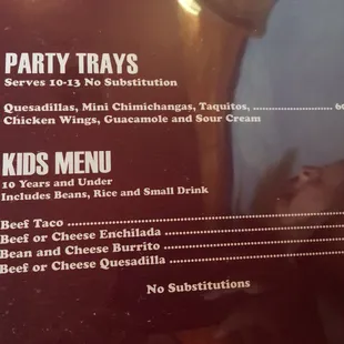 Party Trays/ Kids Menu
