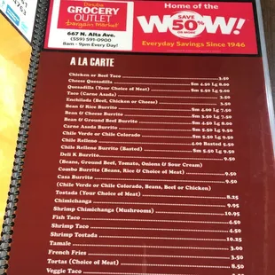 A La Cart menu but they have lunch and dinner items also