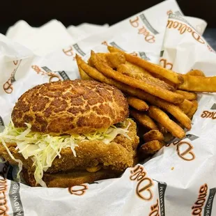Spicy Chicken Sandwich with Beer Battered Fries.