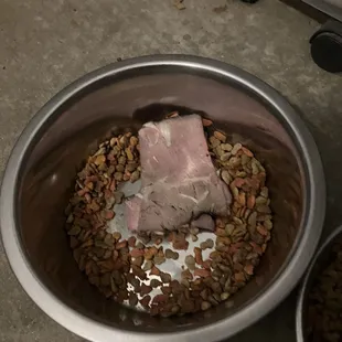 This is the sandwich meat in my dogs bowl.