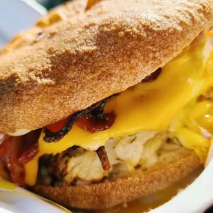Latke Sandwich + Bacon on Caramelized Onion Bialy