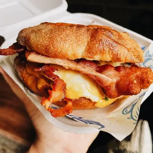 Latke sandwich with bacon on a bialy