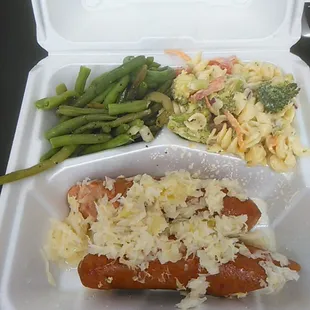 Kielbasa and Kraut with Beans and pasta salad.