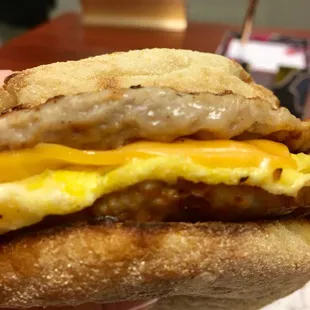 Sausage, egg &amp; cheese English muffin sandwich. There are TWO sausage patties! This sandwich was less than $4.00.
